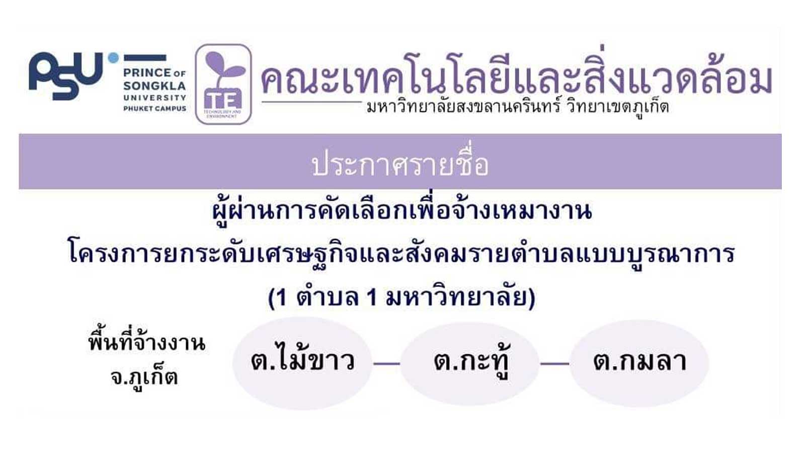 รายชื่อผู้ผ่านการคัดเลือกเพื่อจ้างเหมางาน โครงการ ยกระดับเศรษฐกิจสังคมรายตำบลแบบบูรณาการ (1 ตำบล 1 มหาวิทยาลัย)