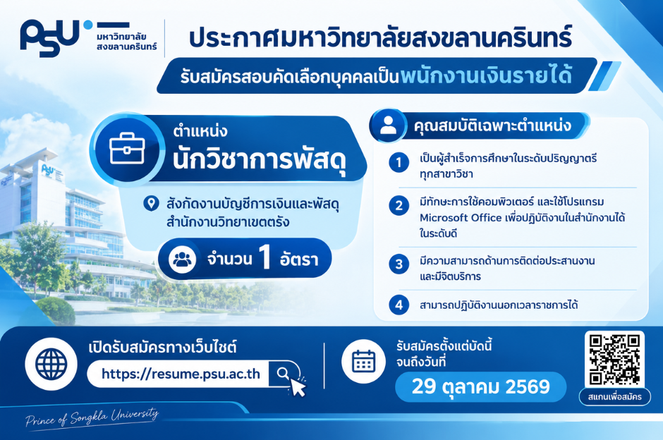 You are currently viewing ประกาศมหาวิทยาลัยสงขลานครินทร์ เรื่อง รับสมัครสอบคัดเลือกบุคคลเป็นพนักงานเงินรายได้ ตำแหน่งนักวิชาการพัสดุ สังกัดงานบัญชี การเงินและพัสดุ สำนักงานวิทยาเขตตรัง