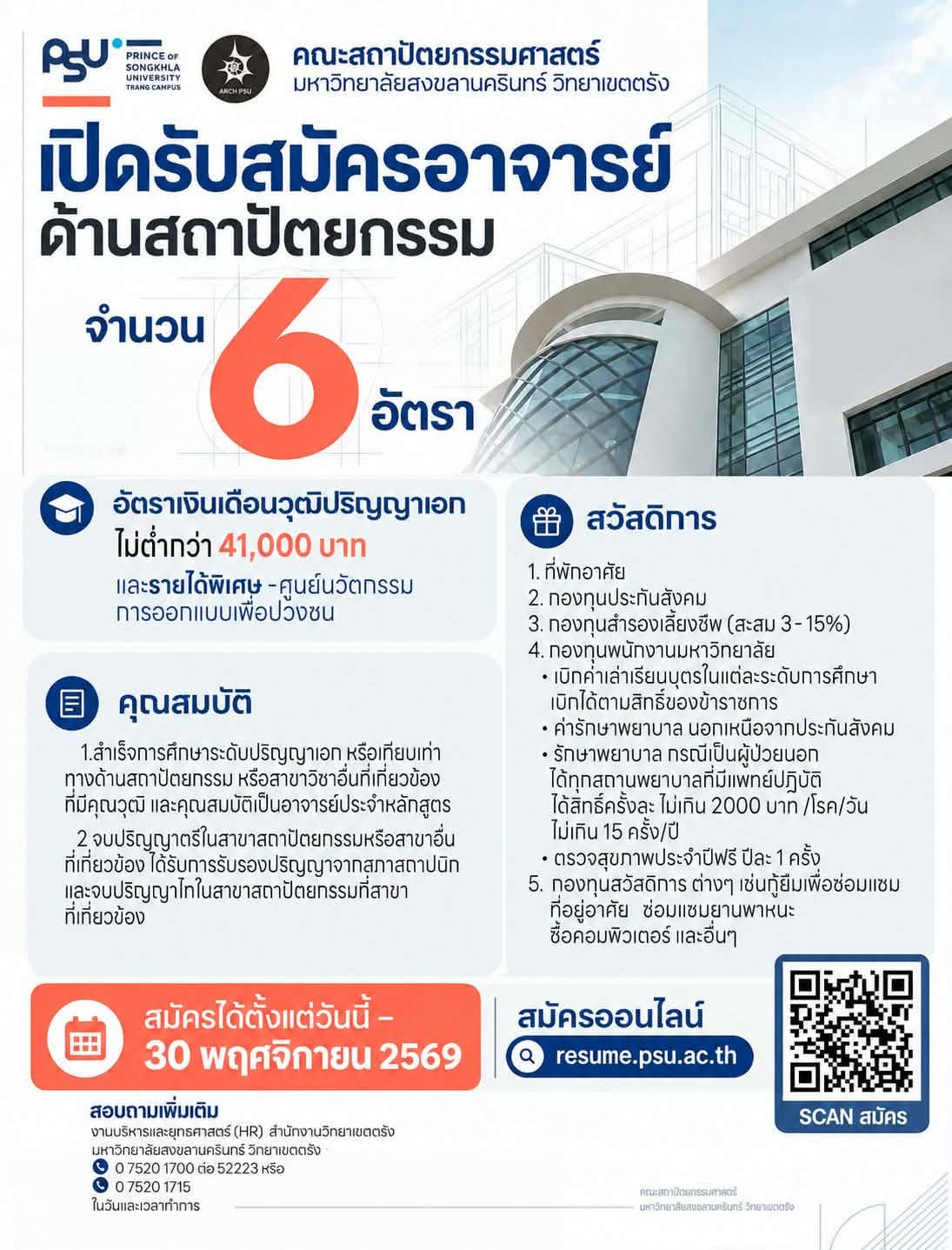 Read more about the article ประกาศคณะสถาปัตยกรรมศาสตร์ มหาวิทยาลัยสงขลานครินทร์ เรื่อง รับสมัครคัดเลือกบุคคลเพื่อบรรจุเป็นพนักงานมหาวิทยาลัย ตำแหน่งอาจารย์ จำนวน 6 อัตรา