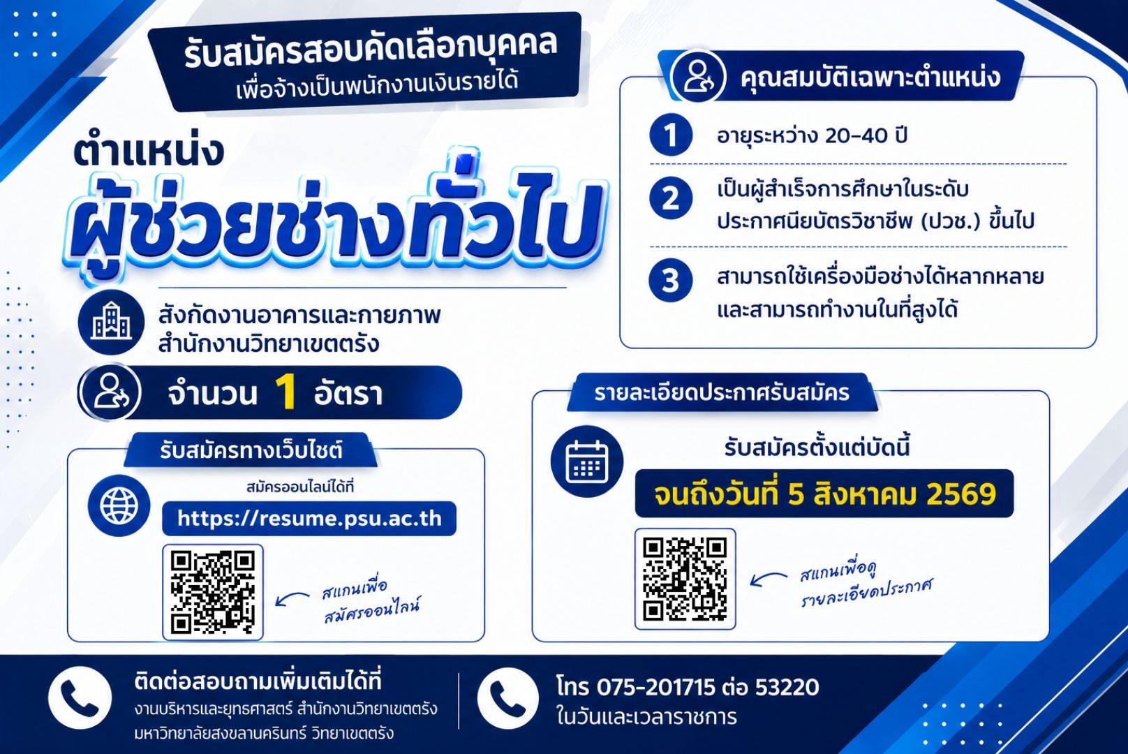 You are currently viewing มหาวิทยาลัยสงขลานครินทร์ วิทยาเขตตรัง ประกาศรับสมัครสอบคัดเลือกบุคคลเป็นพนักงานเงินรายได้ ตำแหน่งผู้ช่วยช่างทั่วไป สังกัดงานอาคารและกายภาพ